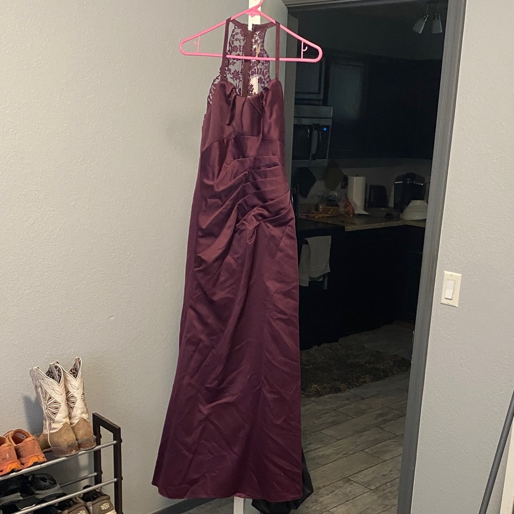 Elegant Purple Gown with Lace Detail